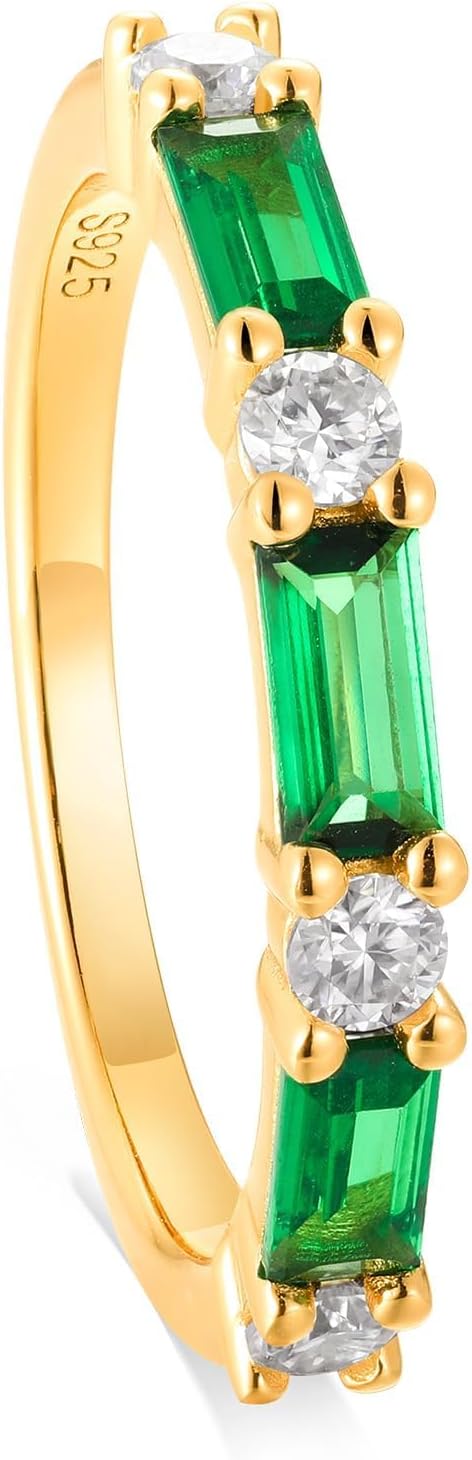 2.5mm CZ and Emerald/Aquamarine/Sapphire/Ruby Eternity Band Emerald Cut Wedding Bands Sterling Silver 14K Gold 7 Stone Classic Half Eternity Rings Stackable Jewelry for Women