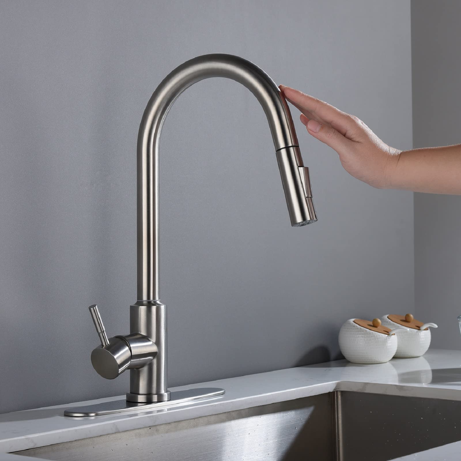 Grifo de Cocina, Grifo Monomando de Arco Alto extraíble para Fregadero, multitarea, con rociador descendente, Resistente a Las Huellas Dactilares, Moderno, de Acero Inoxidable para
