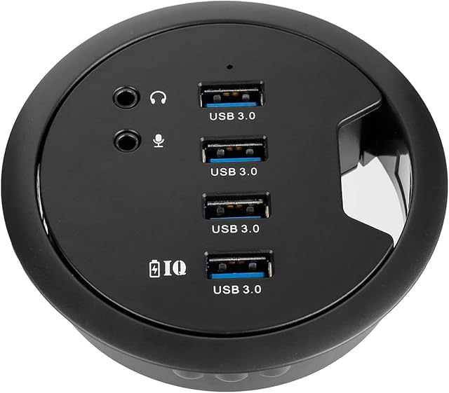 WDX Desk-Fit (Diameter 3.14" or 80MM) 4 Port USB 3.0 Hub with 3.5mm Audio Mic Phone Jack/BC 1.2 USB Charger, 5V/2A Power Adapter for iPhone/Smart Phones(usb3.0 4 Port)(AC Power Supply Included)