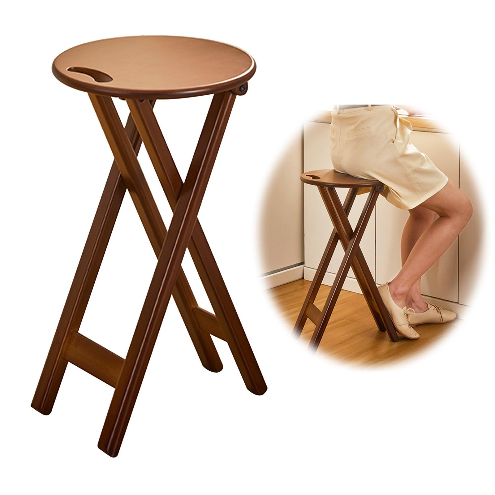 Kitchen Stool 60 cm High Bamboo Folding High Stool with Footrest Portable Folding Stool High Wood Space Saving Modern Bar Stools for Kitchen Bar Dining Room Living Room