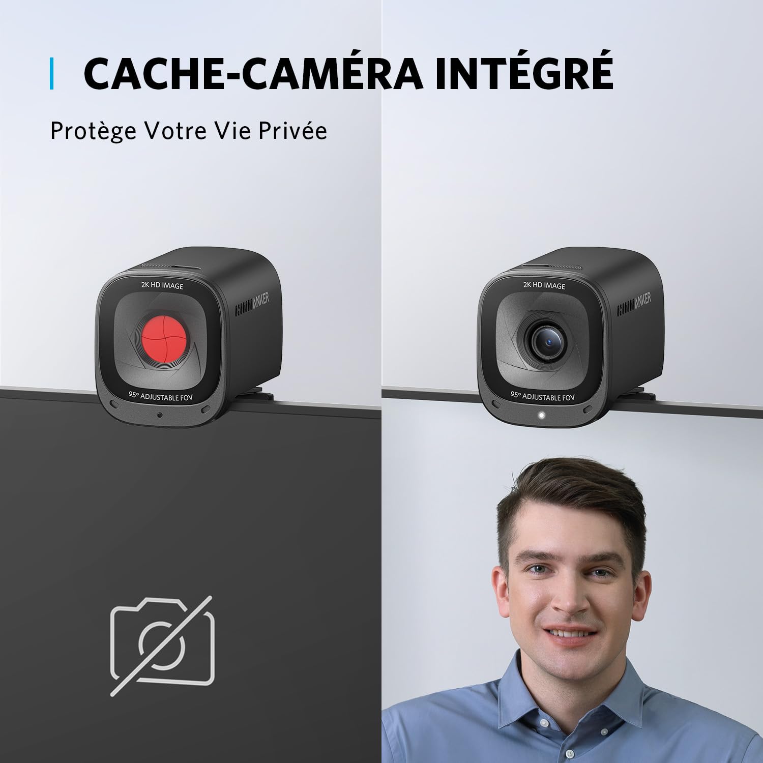 Anker PowerConf C200 Webcam USB 2K pour Ordinateur Portable, Microphones avec Réduction du Bruit et IA, Stéréo, Angle de Vision Réglable