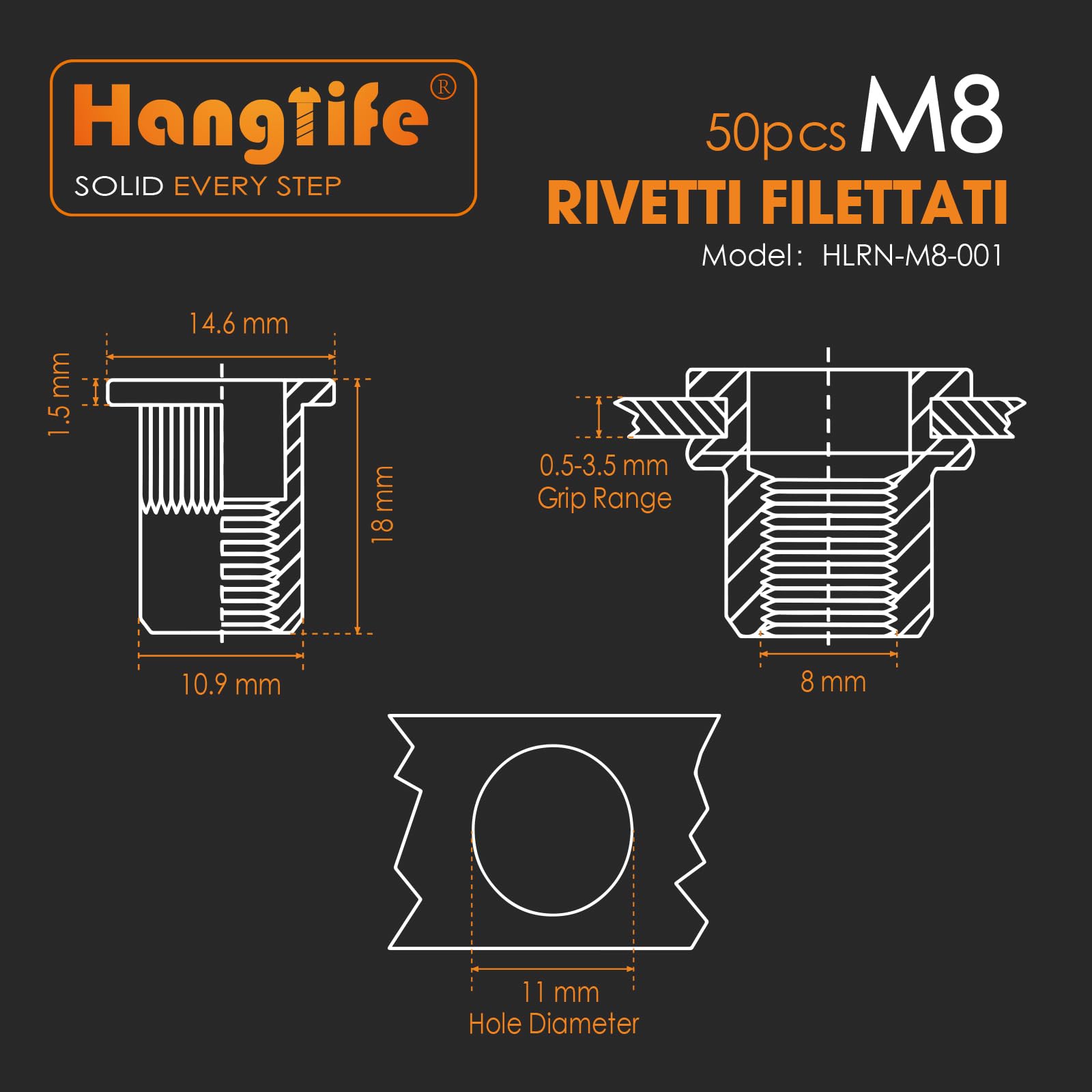 HANGLIFE Rivetti Filettati, M8 Metric Inserti Filettati (50 Pezzi) - Dadi per Rivetti a Testa Piatta, Zincati, in Acciaio al Carbonio con Corpo Zigrinato