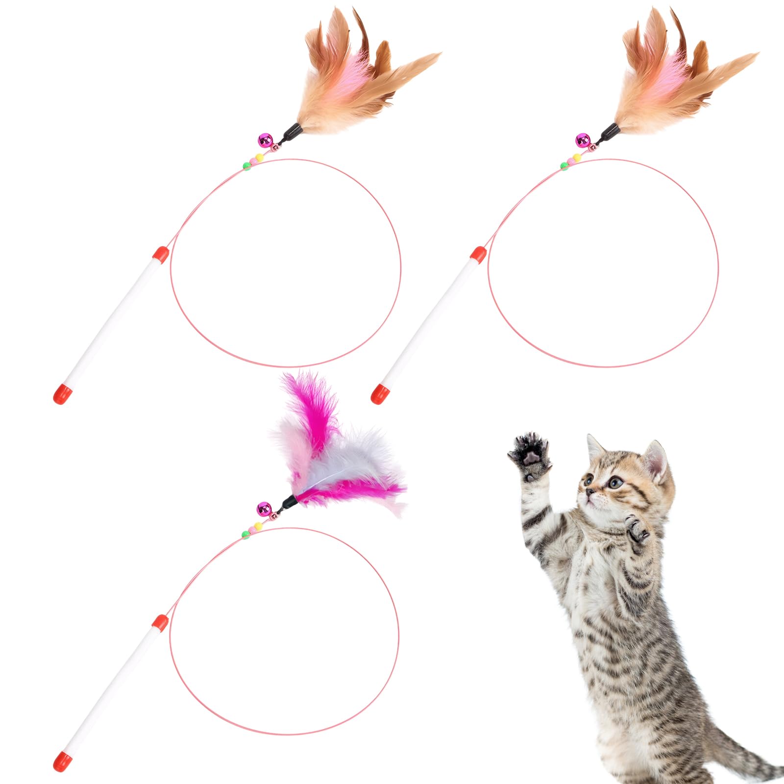 Anmahe Cat Feather Wand Teaser Toy With Bells for Kitten Playing Training, Hunting and Exercising - 3 Pieces