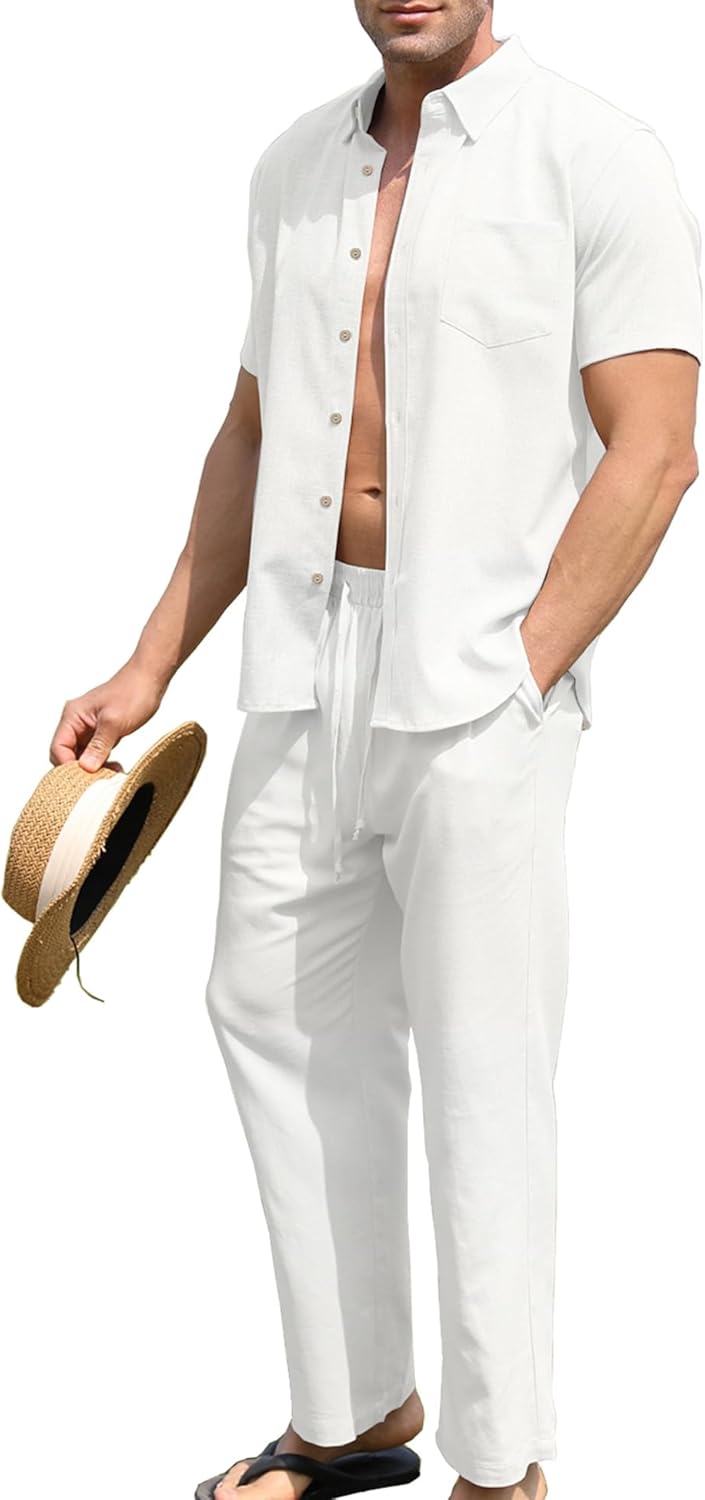 URRU Men’s 2 Piece Linen Outfit Summer Beach Short Sleeve Button Down Shirt and Pants Set