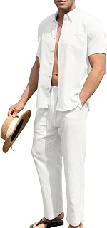 Men’s 2 Piece Linen Outfit Summer Beach Short Sleeve Button Down Shirt and Pants Set