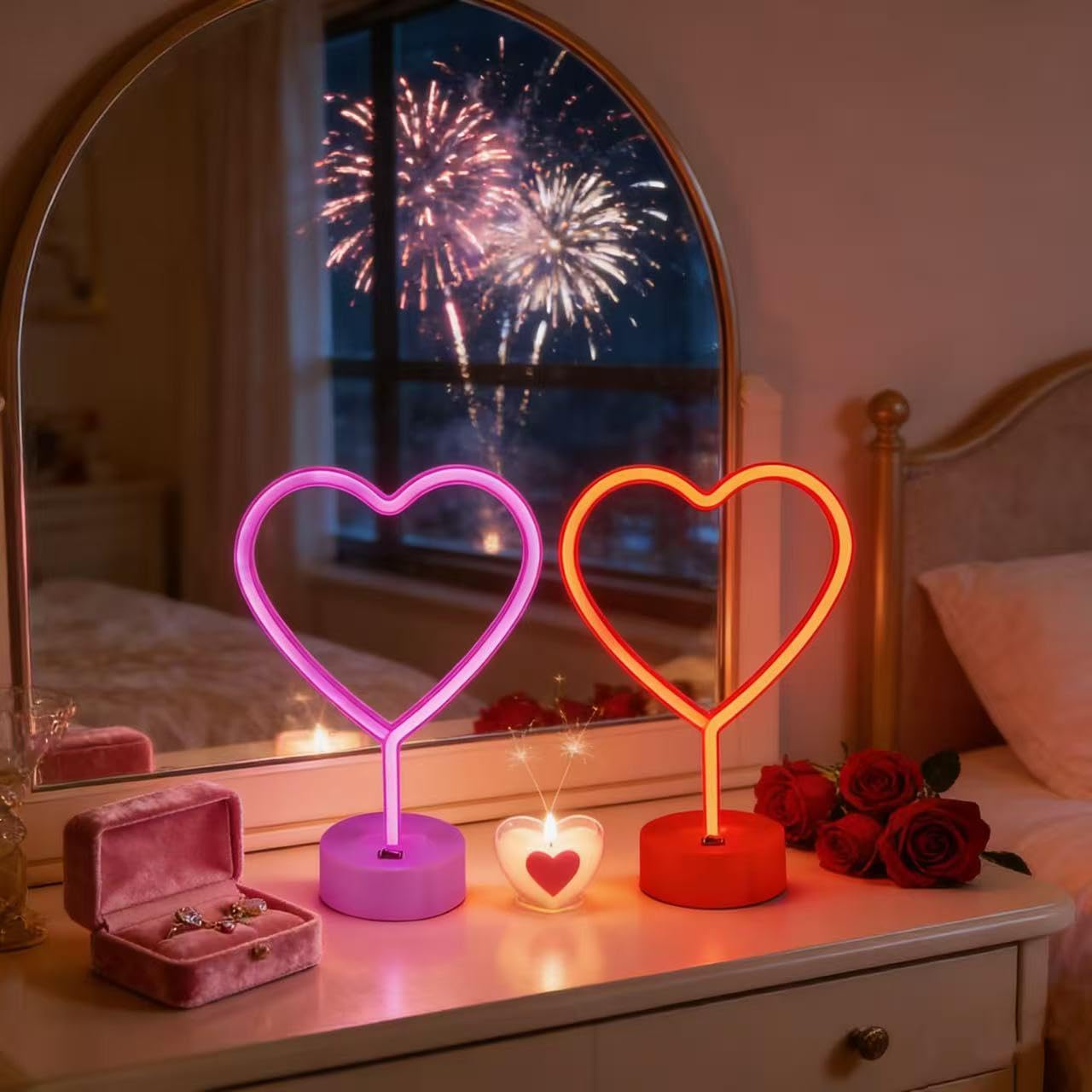 Insegna al neon a forma di cuore rosa, confezione da 2 luci al neon a LED alimentate a batteria o alimentate tramite USB, decorazione per San Valentino, per camera da letto, matrimoni