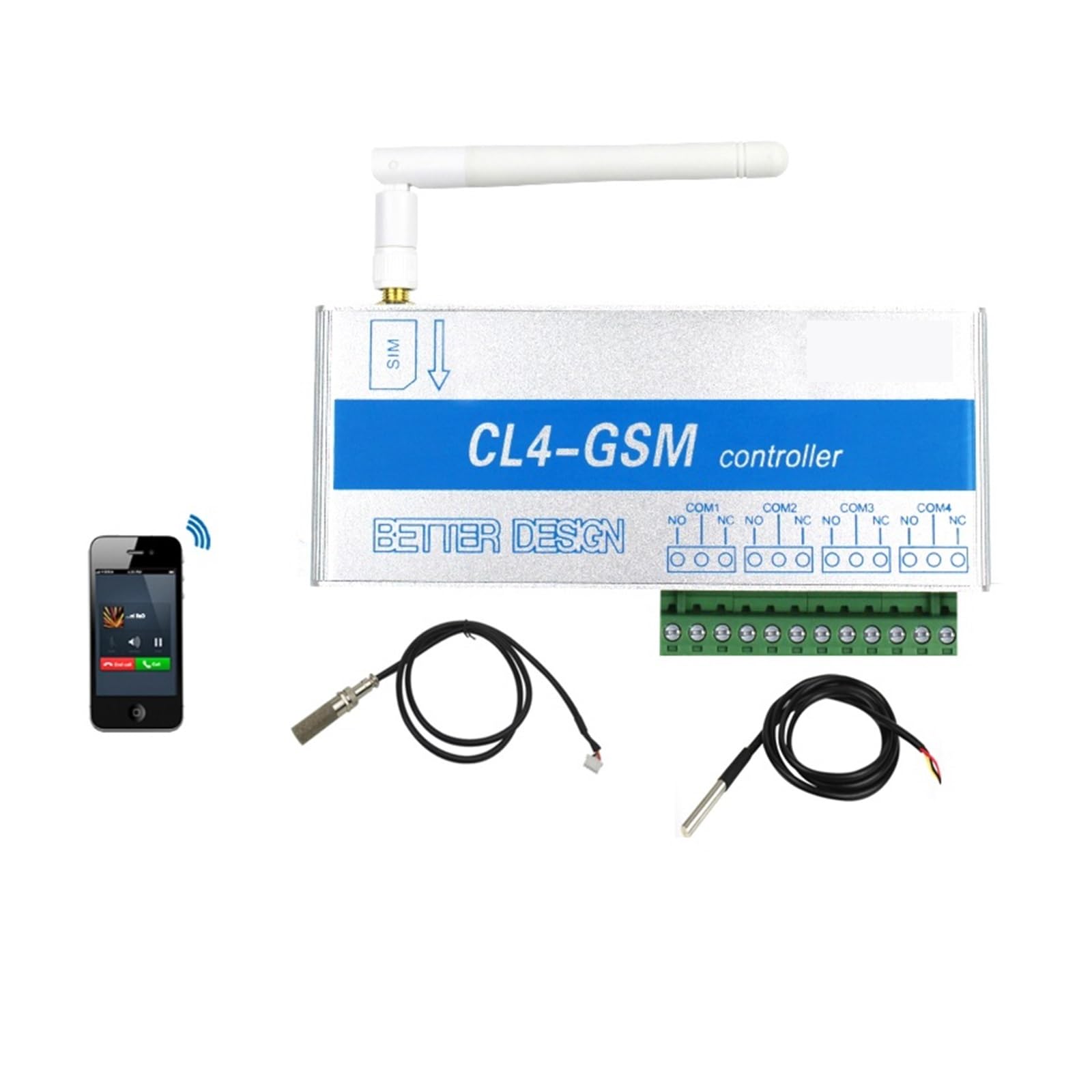 GSM Switch SMS Controller 4 Relays Garage Door CL4-GSM with Temperature Sensor Power Failure Alert for Home Electrical Devices(Kit2)