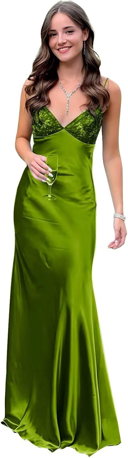 POMUYOO Elegant Satin Bridesmaid Dresses for Women V-Neck Lace Silk Tight Formal Gowns for Wedding