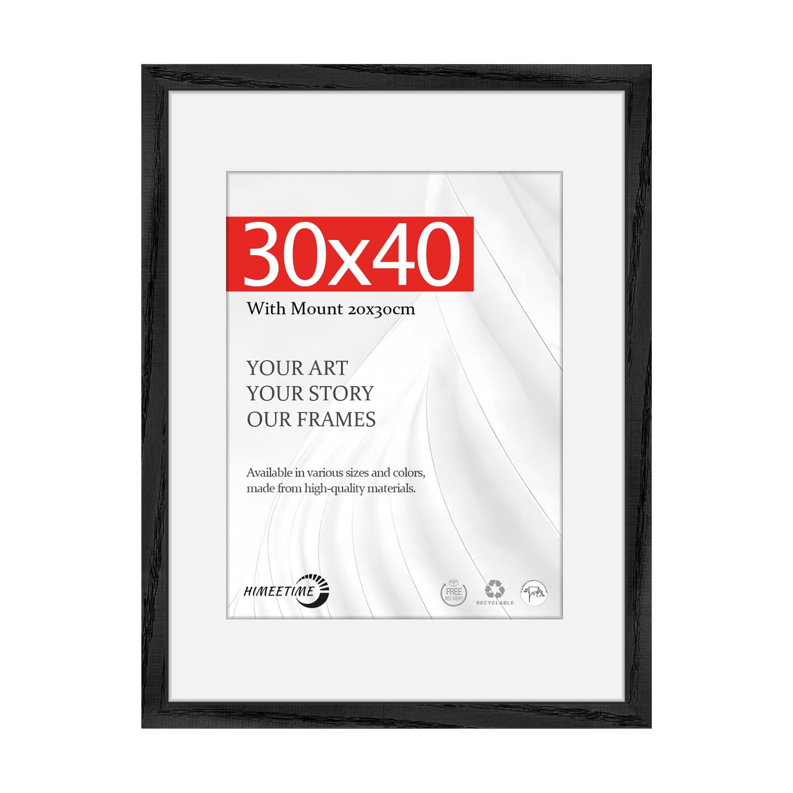 HIMEETIME® 1x 30x40cm Picture Frames | Black Obeche Wood Thin Frame | 21x30cm Photo Mat Included | Large Wall Mount Photo Frame | Solid Wood