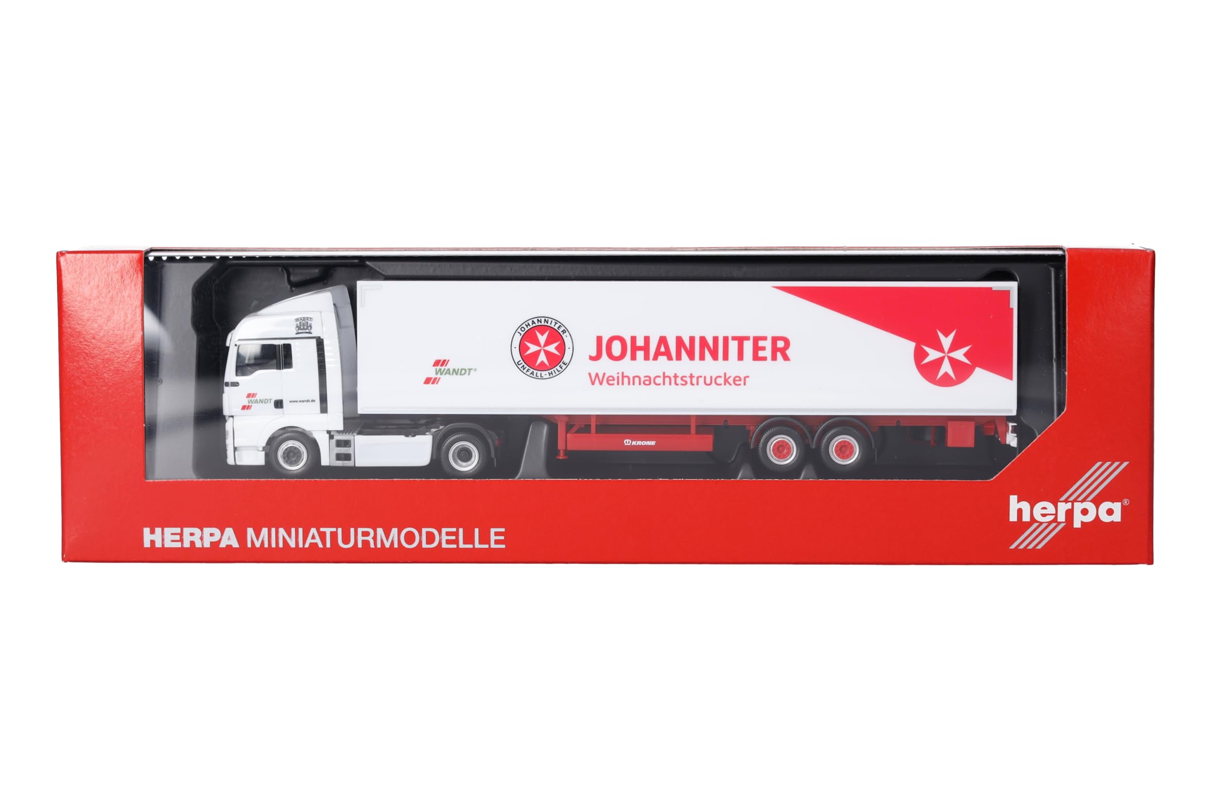 herpa Modellino Camion MAN TGX XLX Euro6c autocarro con rimorchio a cassone Wandt/Johanniter Weihnachtstruck, Miniatura in scala 1:87, pezzo da collezione, Made in Germany, plastica