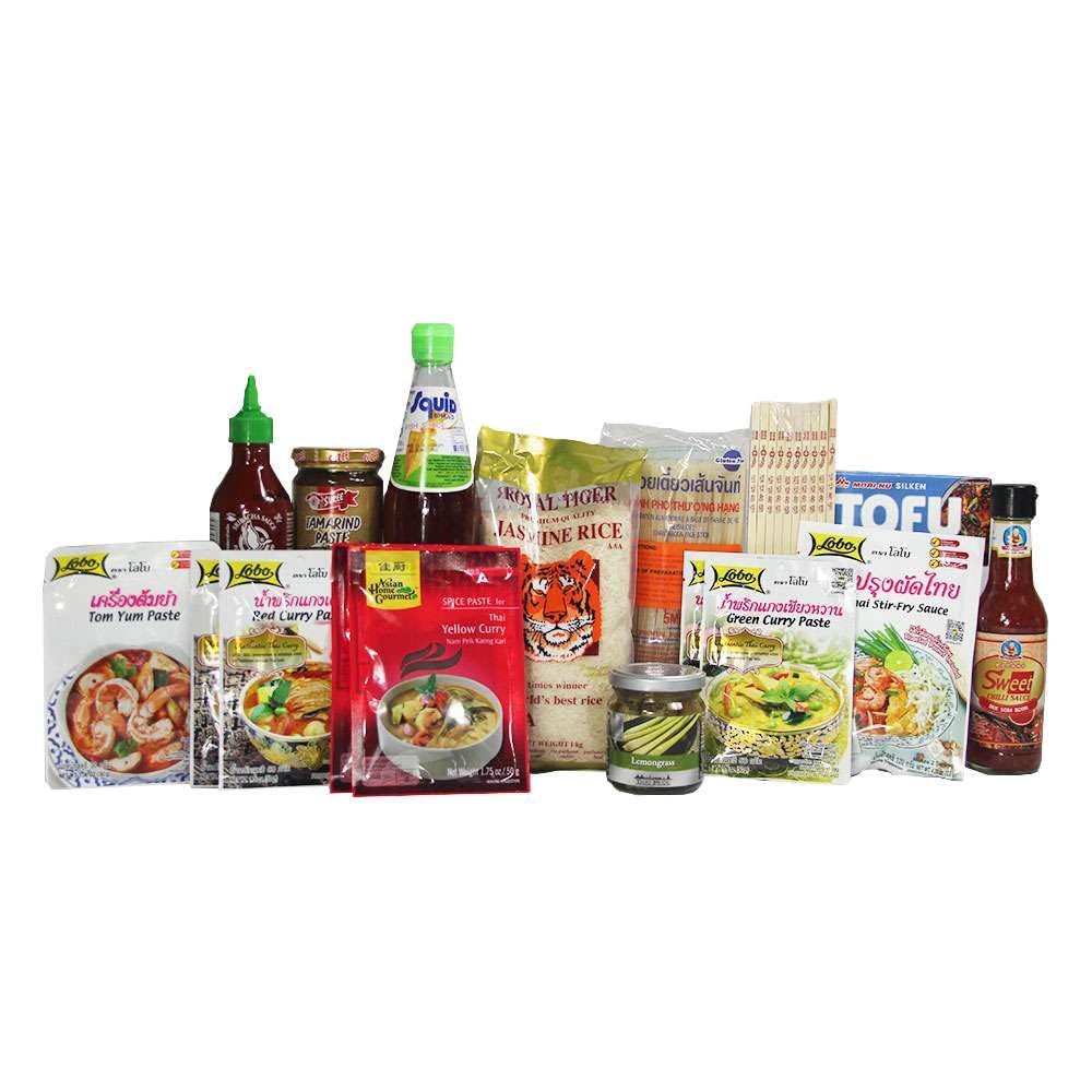 Kit Gastronomía Tailandesa Completo para Cocinar en Casa Pad Thai Tom Yum y Currys con Arroz Jazmín, Tallarines de Arroz, Pastas de Curry, Tamarindo, Salsas y Palillos