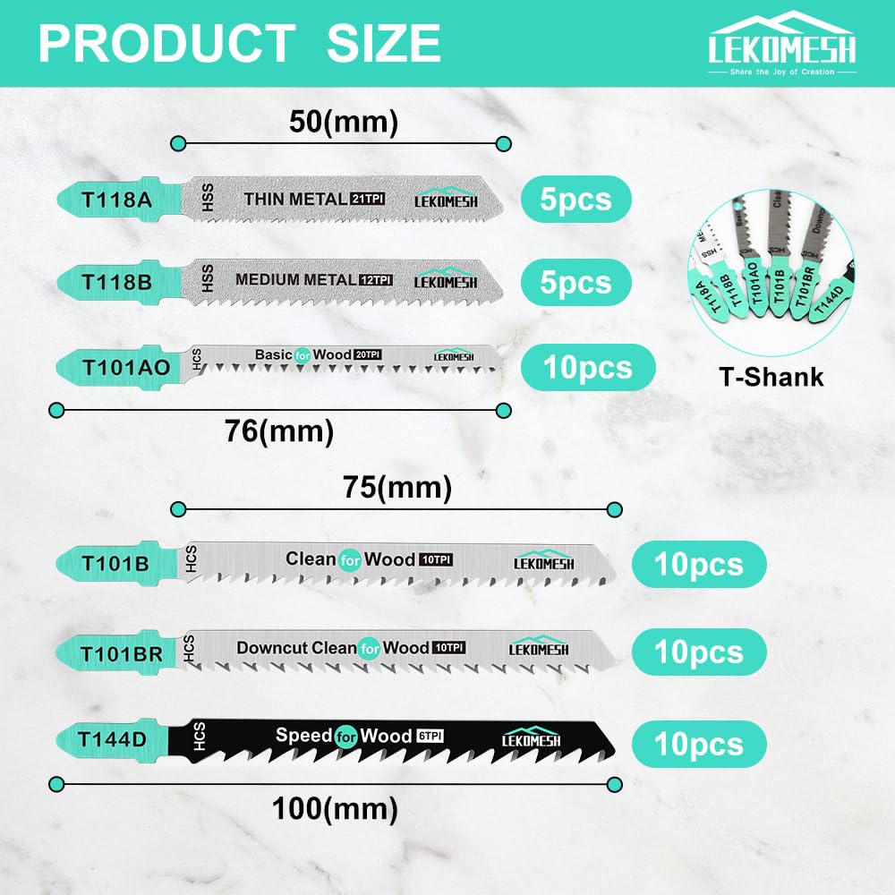 LEKOMESH 50PCS T-Shank Jigsaw Blades Set, 8Types, HCS & HSS Jigsaw Blades for Wood and Metal Fast Clean Cuts - Image 2