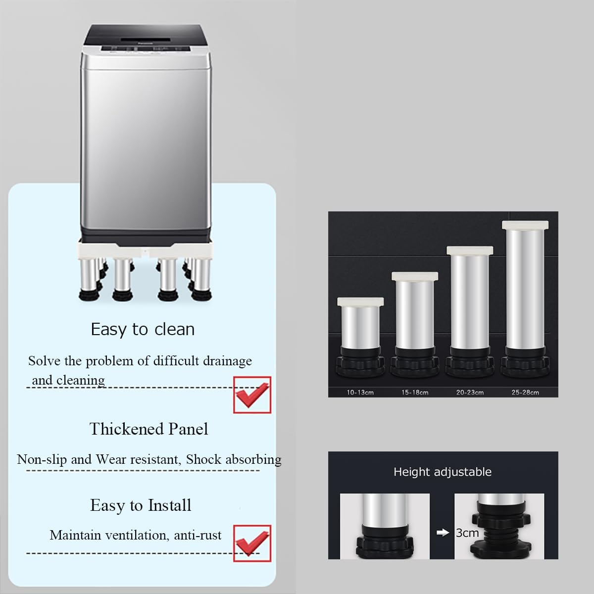 Adjustable Refrigerator Base, Wave Washing Machine Stand with 4 Strong Feet Adjustable Length 50-75cm width 42-65cm Height 29-32cm Load 200kg Cabinet Stand Feet for Washer Refrigerator Dryer White