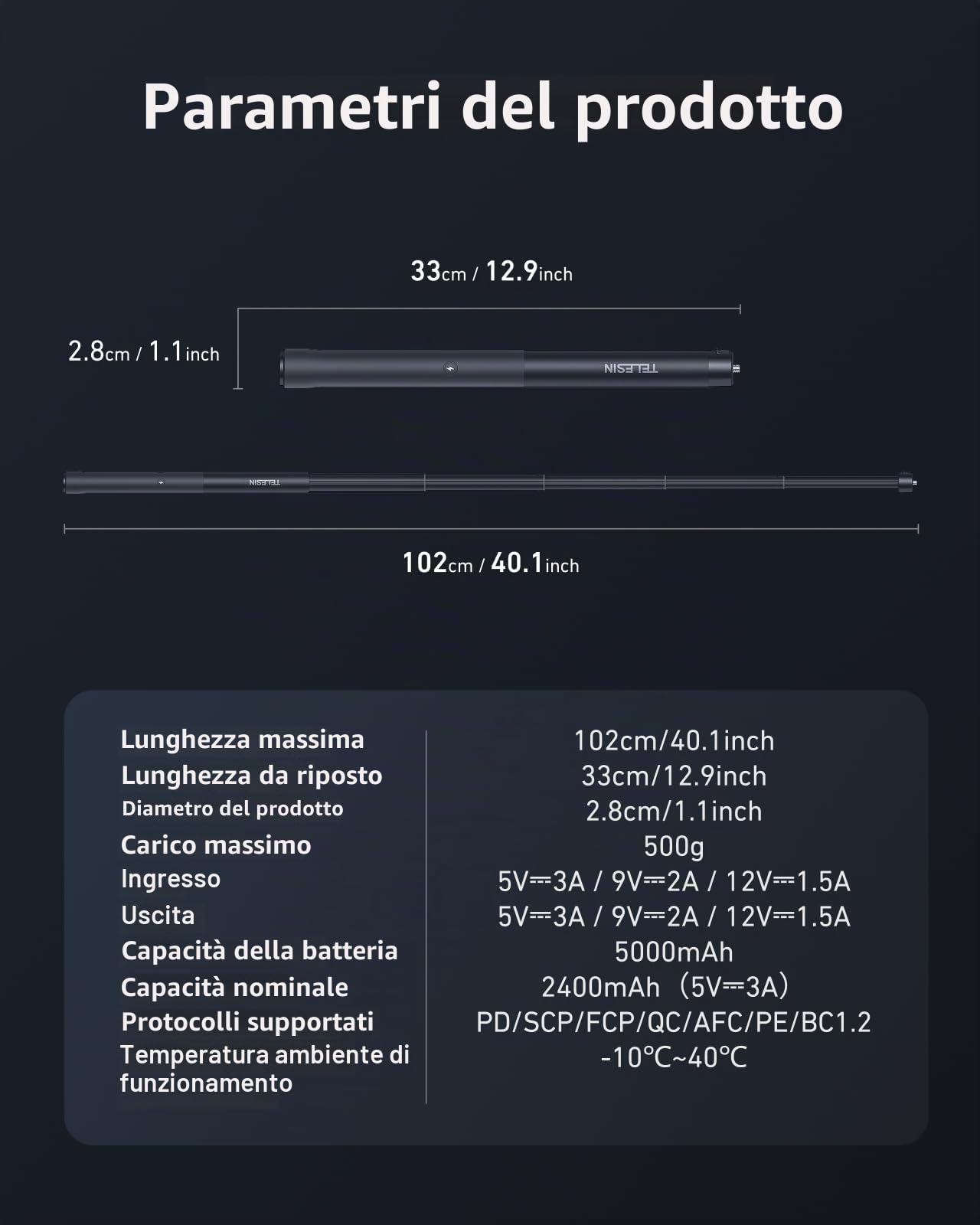 TELESIN 102 cm Ricaricabile Selfie Stick Estensione Monopiede con maniglia di ricarica 5000 mAh Power Bank Maniglia di ricarica per GoPro 13-9 Insta360 DJI Osmo Action 6 5 Pro 4 3 & iPhone & Android