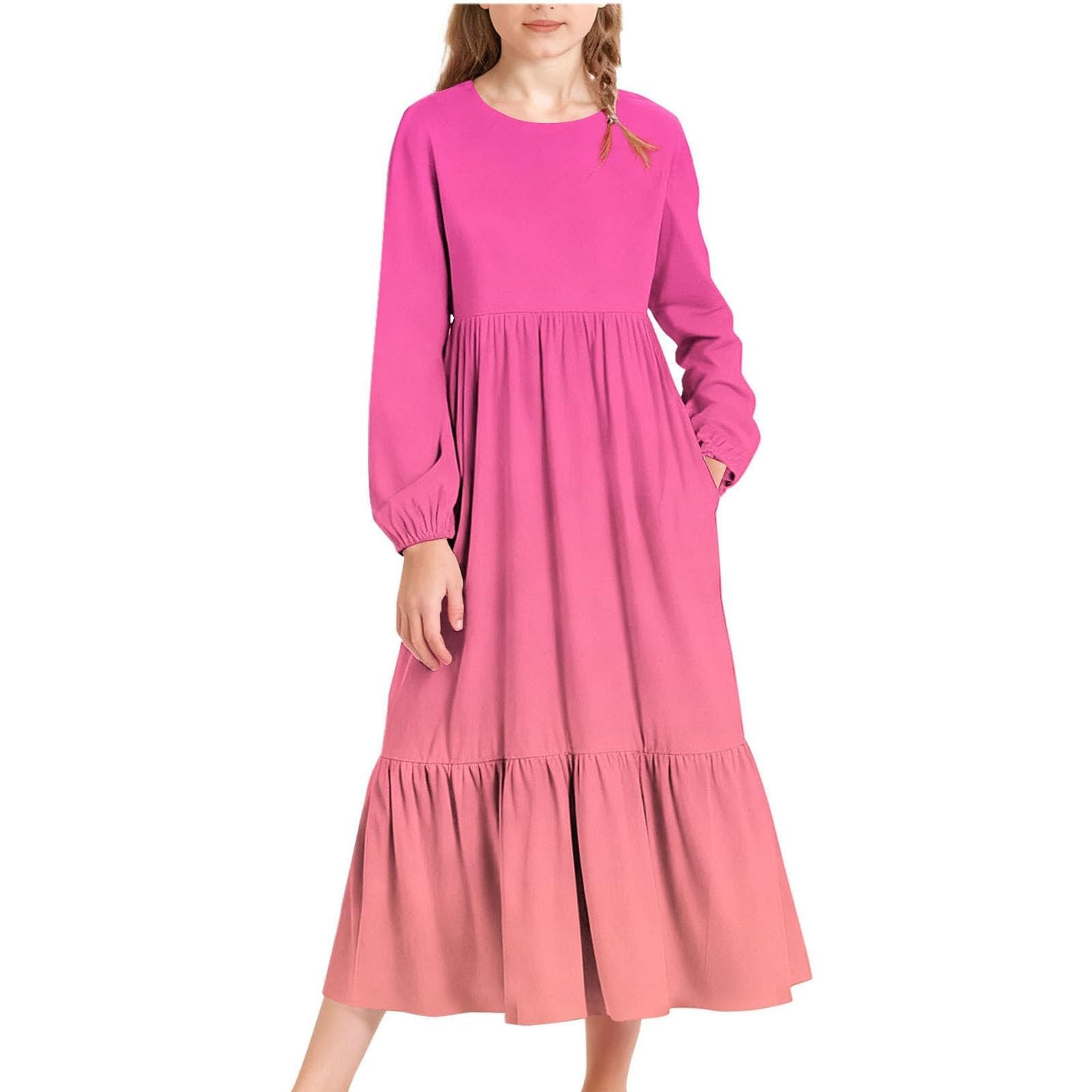 Vestido de manga larga para niñas, casual, playa, vacaciones, vestido largo, para primavera, verano, cuello redondo, bohemio, acampanado, con bolsillos