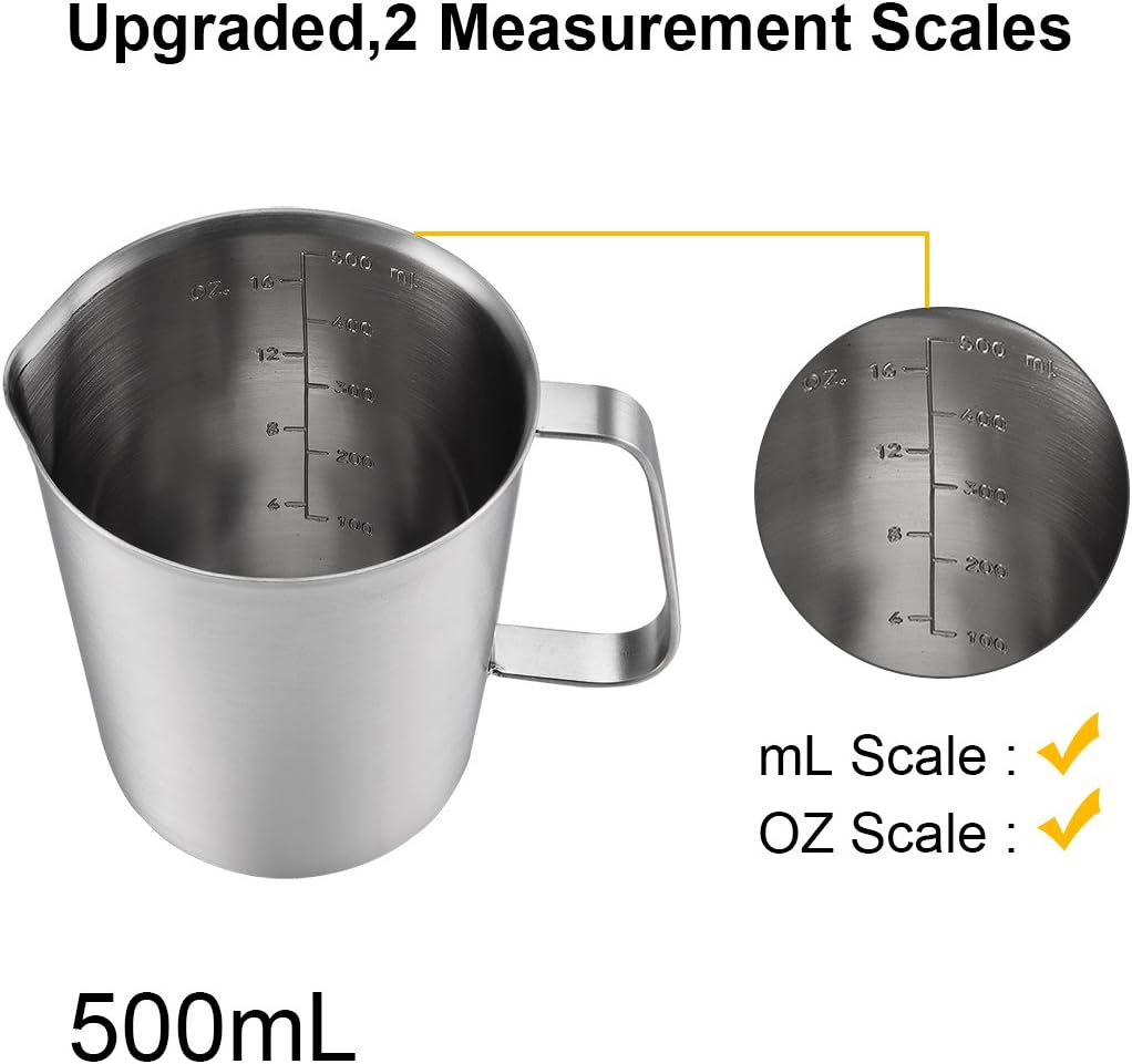 uxcell Measuring Cup 500ml 16OZ, 2 Measuring Scales, Including ML Scale, Ounce Scale, 304 Stainless Steel Graduated Beaker with Handle for Lab Kitchen liquids