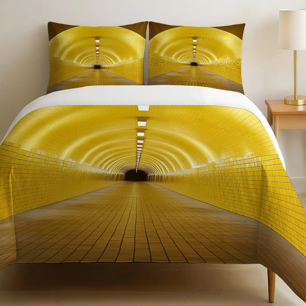 Copripiumino Matrimoniale 200x200 cm All'interno del tunnel dell'edificio Set Copripiumino in Microfibra, Stampa Digitale oro, con Federe e Chiusura a Cerniera