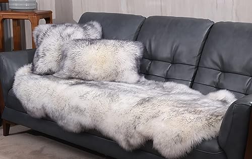 Miniatura 6 de HUAHOO Alfombra de piel de oveja genuina de alta calidad, color blanco y gris, piel de oveja real Australia, lujosa, esponjosa, de piel de cordero