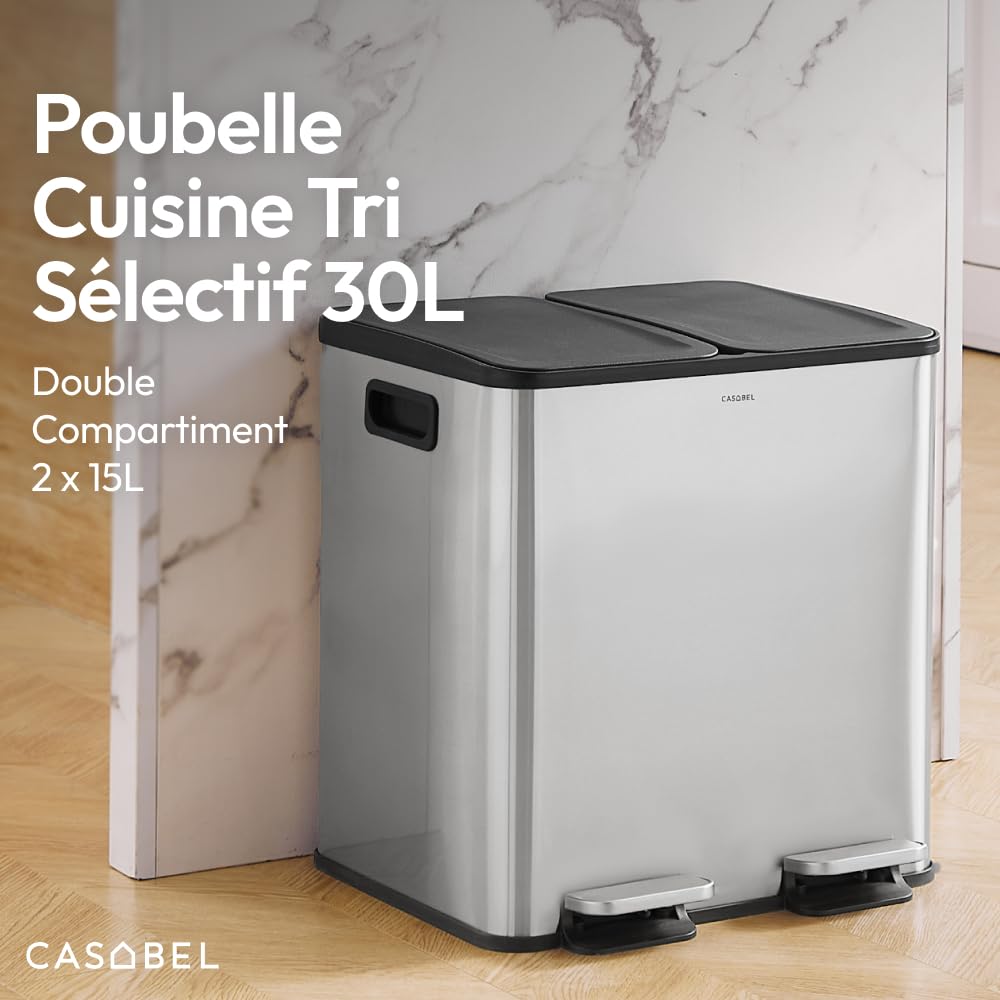 CASABEL Poubelle Cuisine Double 2x15L en Acier Inoxydable, Chrome | Double compartiment, Tri sélectif, 2 pédales, Anti-traces de doigts, Couvercles hermétiques, Bacs amovibles, Entretien facile