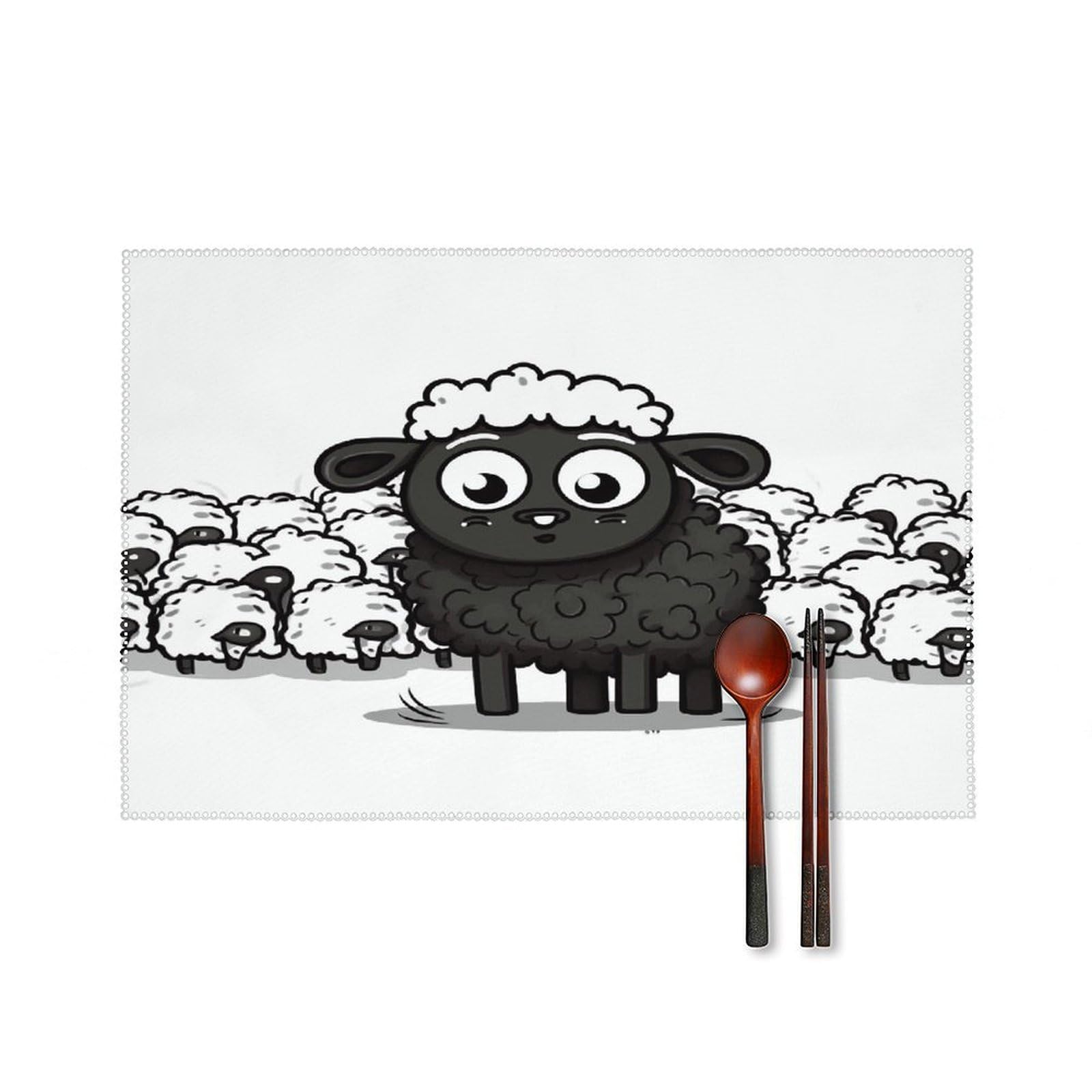 Cartoon Black White Sheep Placemats Set of 4 Canvas Washable Cloth Place Mats Wipeable Heat Resistant Table Mats Elegant Cloth Placemat for Kitchen Dinning Party Table Decor 12" X 18"
