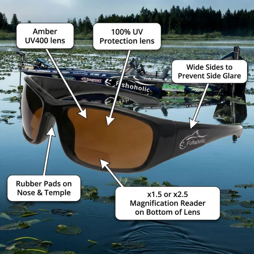 Fishoholic Gafas de sol polarizadas bifocales para pesca con aumento de lector (opciones de 1.5x, 2.0x, 2.5x) y protección UV400