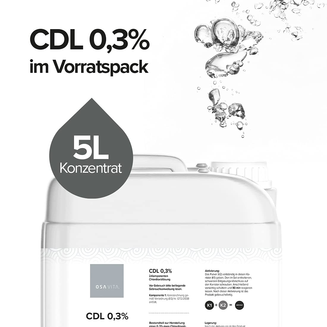 CDL 0,3% di biossido di cloro concentrato da 5 litri – confezione CDS – test di efficacia secondo EN1276 & EN13623 – Made in Germany