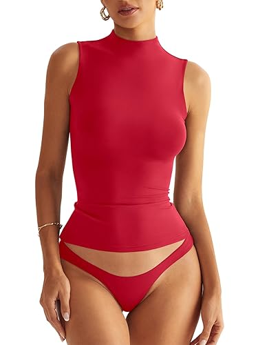 EasyGala Women Sleeveless Mock Turtle Neck Tops Double Lined Fitted Tank Tops Basic T Shirts 2025 - Red - Medium