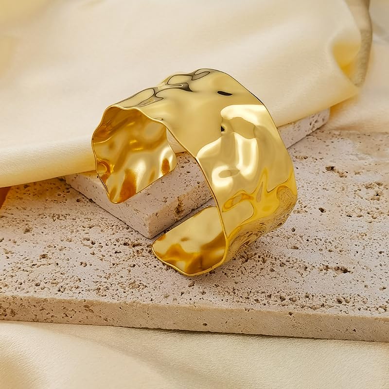 Vintage Boho Hammered Chunky Cuff Bracelets for Women - Wide Irregular Statement Bangle with Rustic Texture - Adjustable, Hand-Polished for Comfort - Versatile Deluxe2