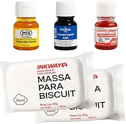 Kit Massa Para Biscuit Branca Natural 170 Gramas E 3 Corantes Líquidos Vermelho Amarelo E Azul Cores Primárias 10 Ml