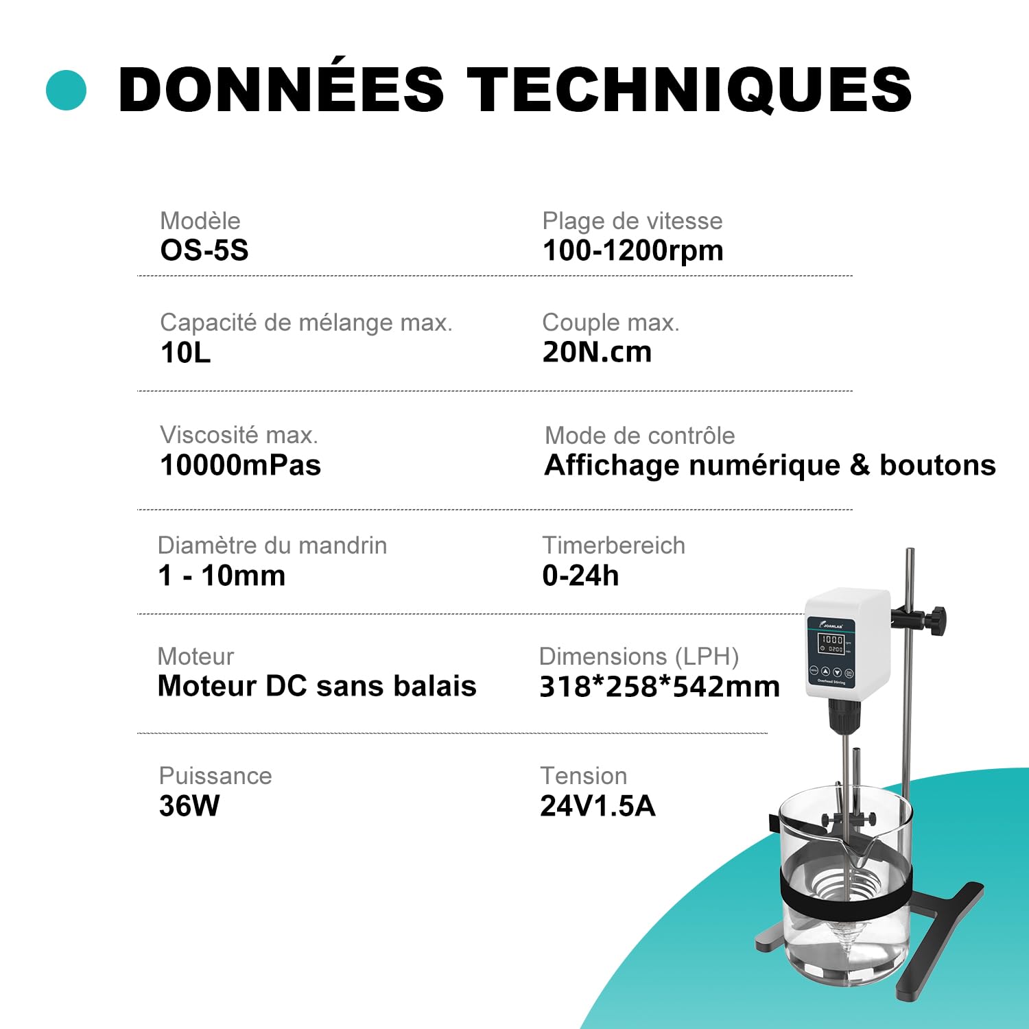 JOANLAB Agitateur Magnétique Overhead Stirrer, Mélangeur Laboratoire 36W avec Pale et Support Inox, Vitesse Ajustable 100-1200 tr/min, Minuterie Numérique 1min-24h, pour 10L & 20000 mPas(OS-5S)