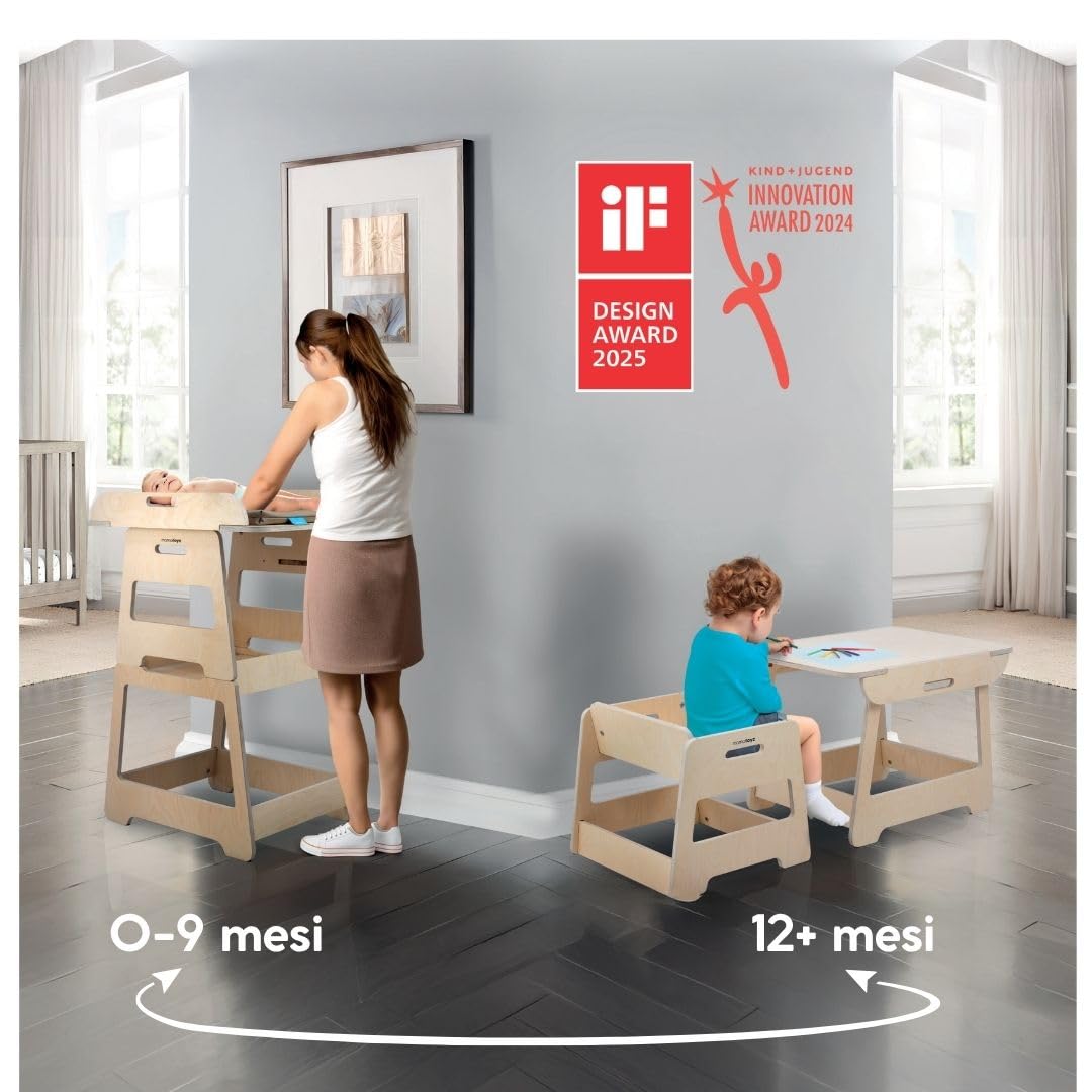 Mamatoyz - 19CFLAT - Fasciatoio neonato, materasso impermeabile incluso, fasciatoio trasformabile in tavolino e sedia per bambino, ripiani per accessori, legno di betulla