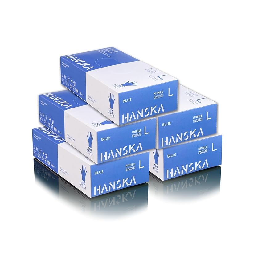 HANSKA 500 Guanti Monouso Nitrile Blu - Senza Polvere - Usa e Getta- Ambidestri - Non Sterili - Base di Gomma - Adatti per Ambiti Medici, Manipolazione degli Alimenti (500, L)