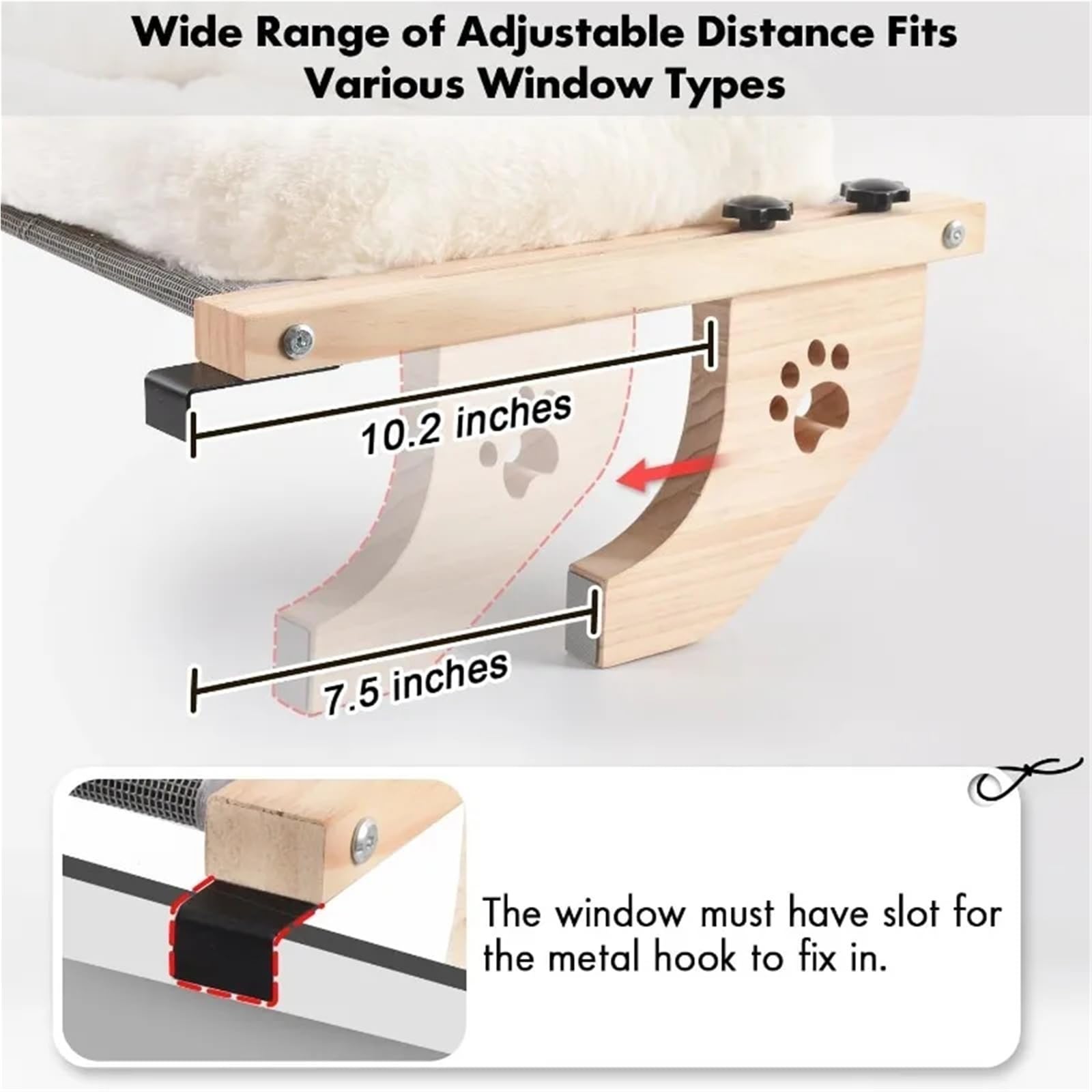 Amaca for finestra for gatti, struttura in legno con cuscino | Le staffe metalliche possono sostenere fino a 30 libbre; i bracci regolabili si adattano a finestre larghe 20-40 pollici.