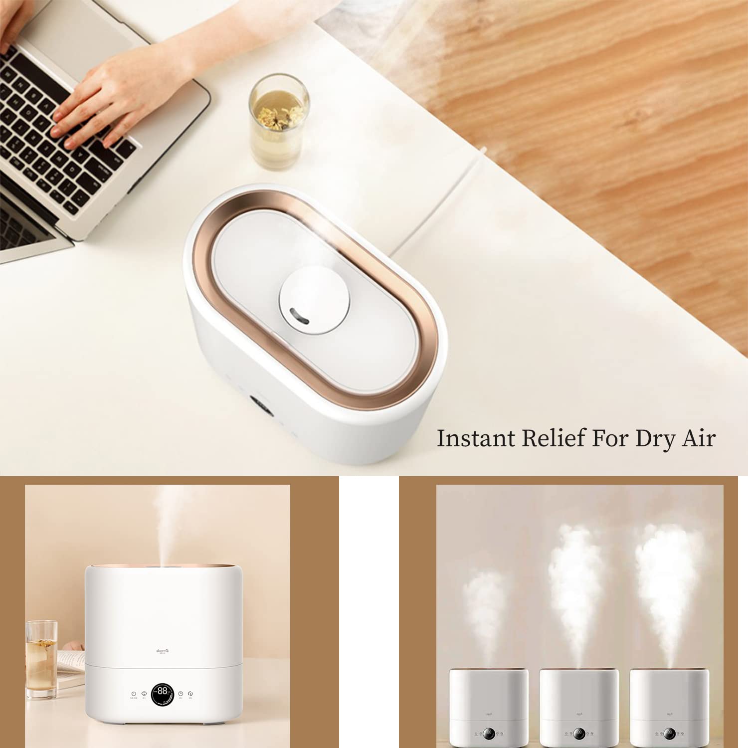 เครื่องเพิ่มความชื้น 3 เครื่อง แสดงระดับการพ่นละอองน้ำที่แตกต่างกัน