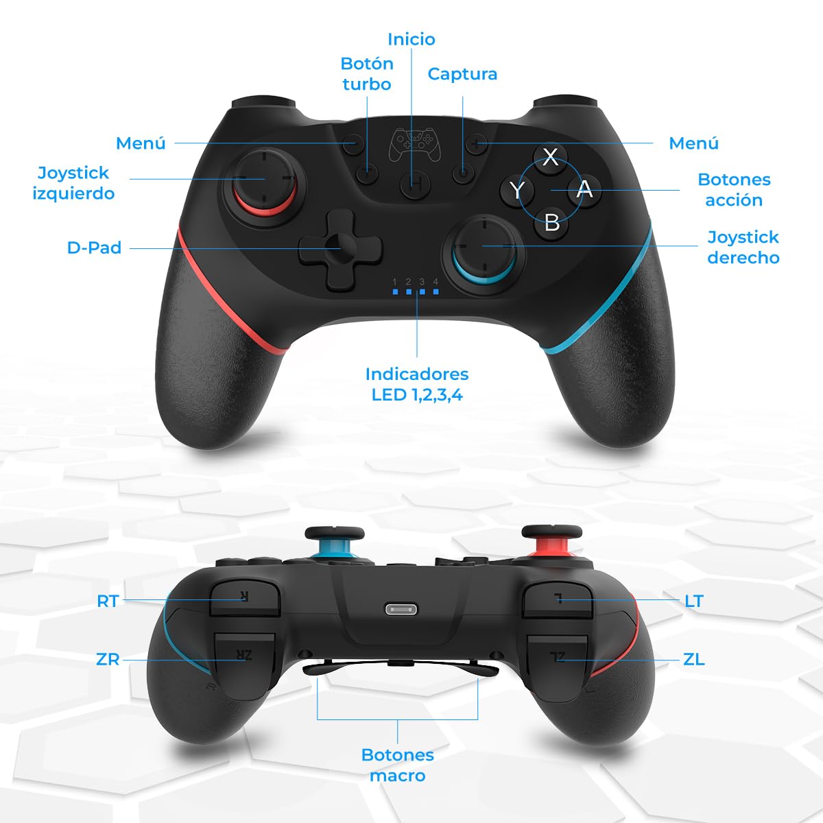 NK Mando Switch Inalámbrico - Switch/OLED/Lite/Pro con Función Wake, Ajustes Macro,Bluetooth, 6 ejes, Función Turbo, Dual Shock Doble Vibración, LED Indicadores - Color Negro (Rojo y Azul) - 4