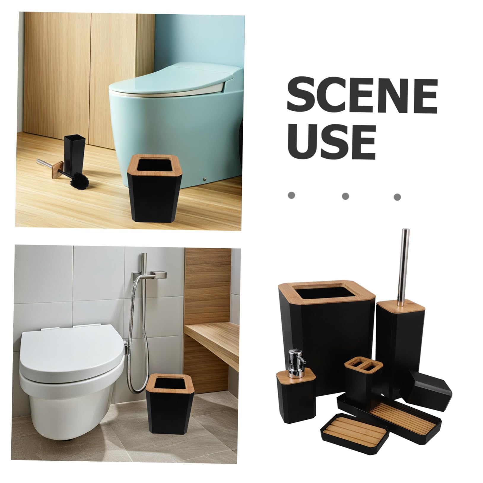Juego de Accesorios de Baño de Bambú Negro, 7 Piezas para Hogar