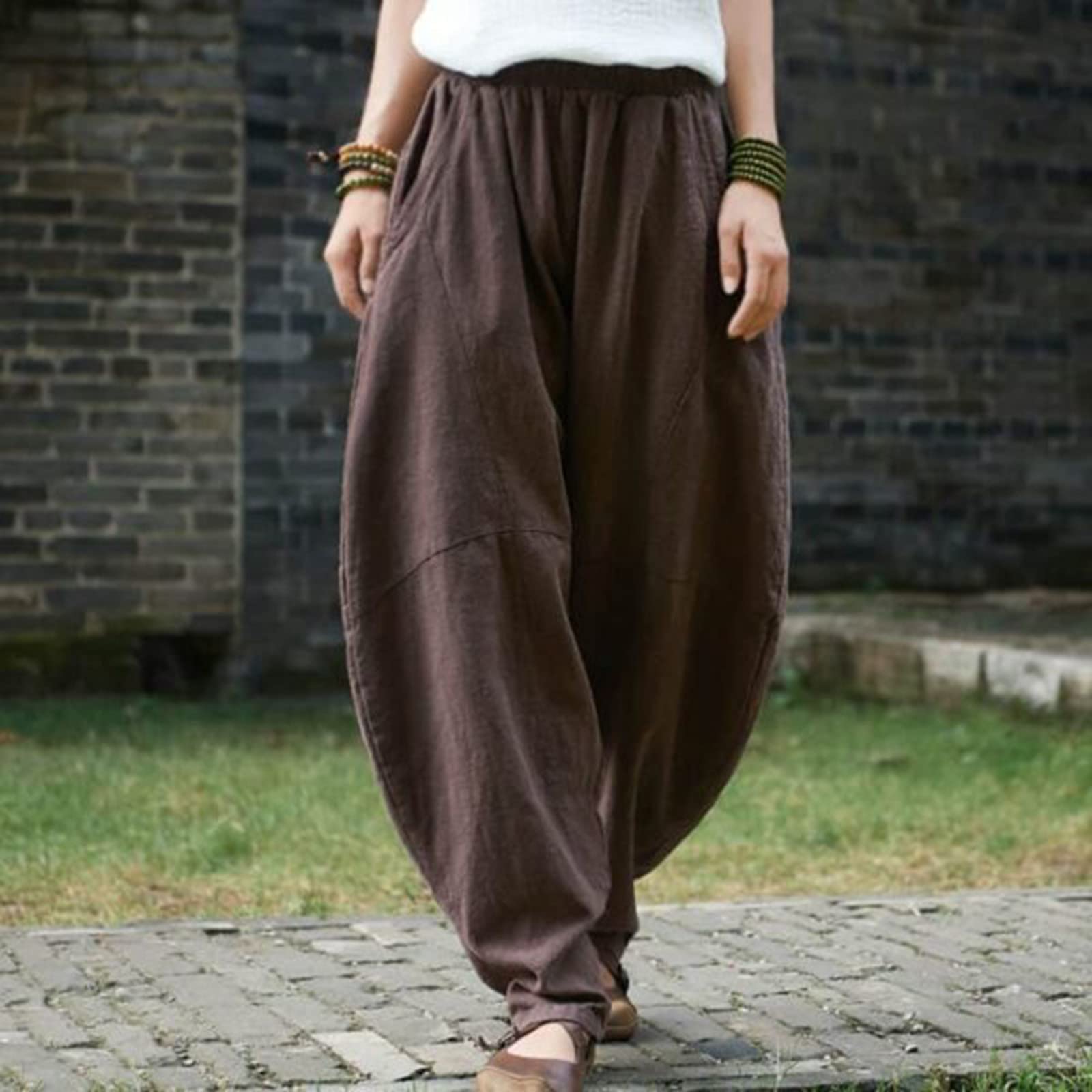 Women Cotton Linen Baggy Yoga Pant Casual Elastic Waist Relax Fit Lantern Trouser Loose Fit Beach Boho Harem Pant Brown