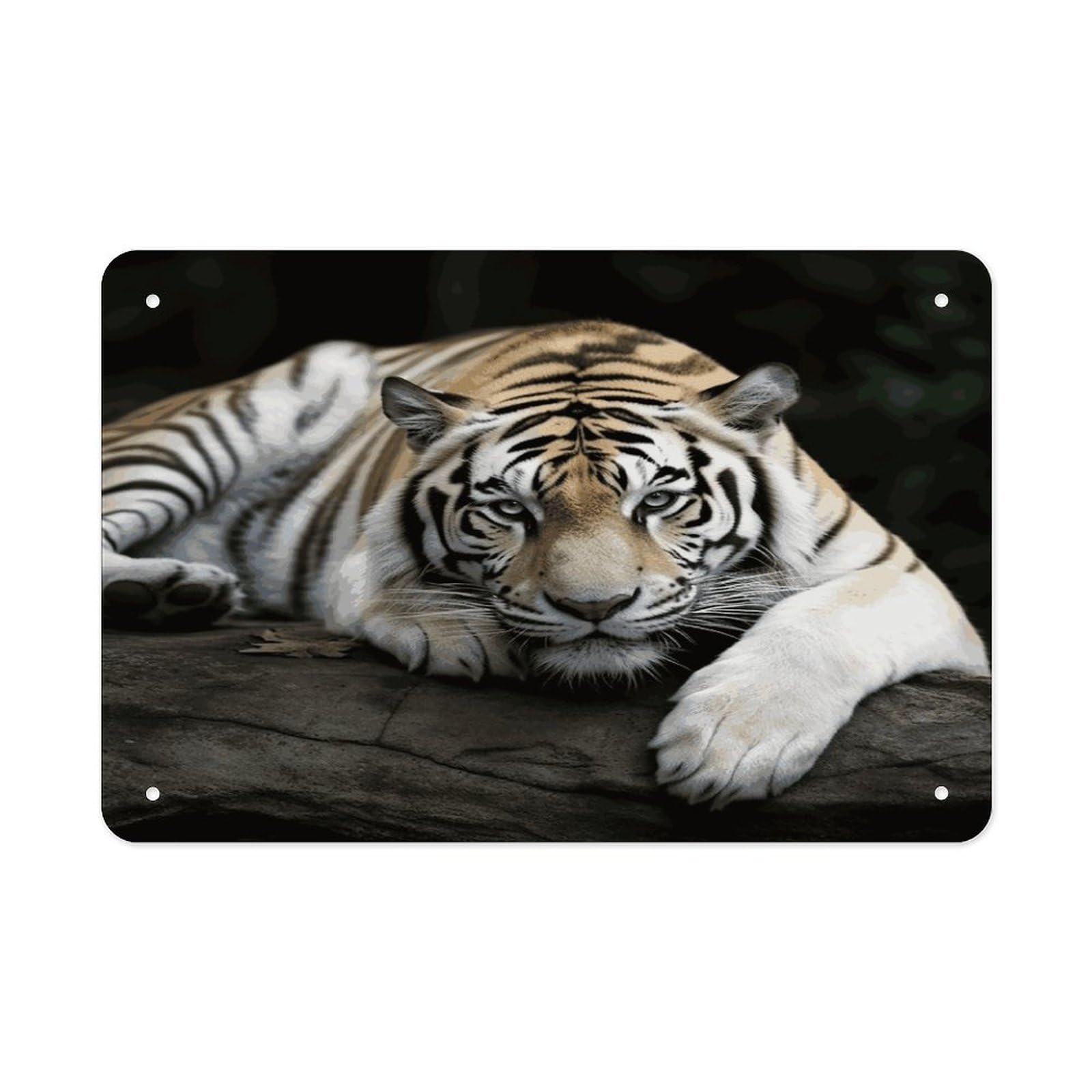 LDGSUPH Tiger Lie On Rock Metal Tin Sign Wall Art Prints Folded Edge Iron Sheet Painting with Holes for Wall Prints Decorative Picture Metal Signboard Decor Painting Wall Decor