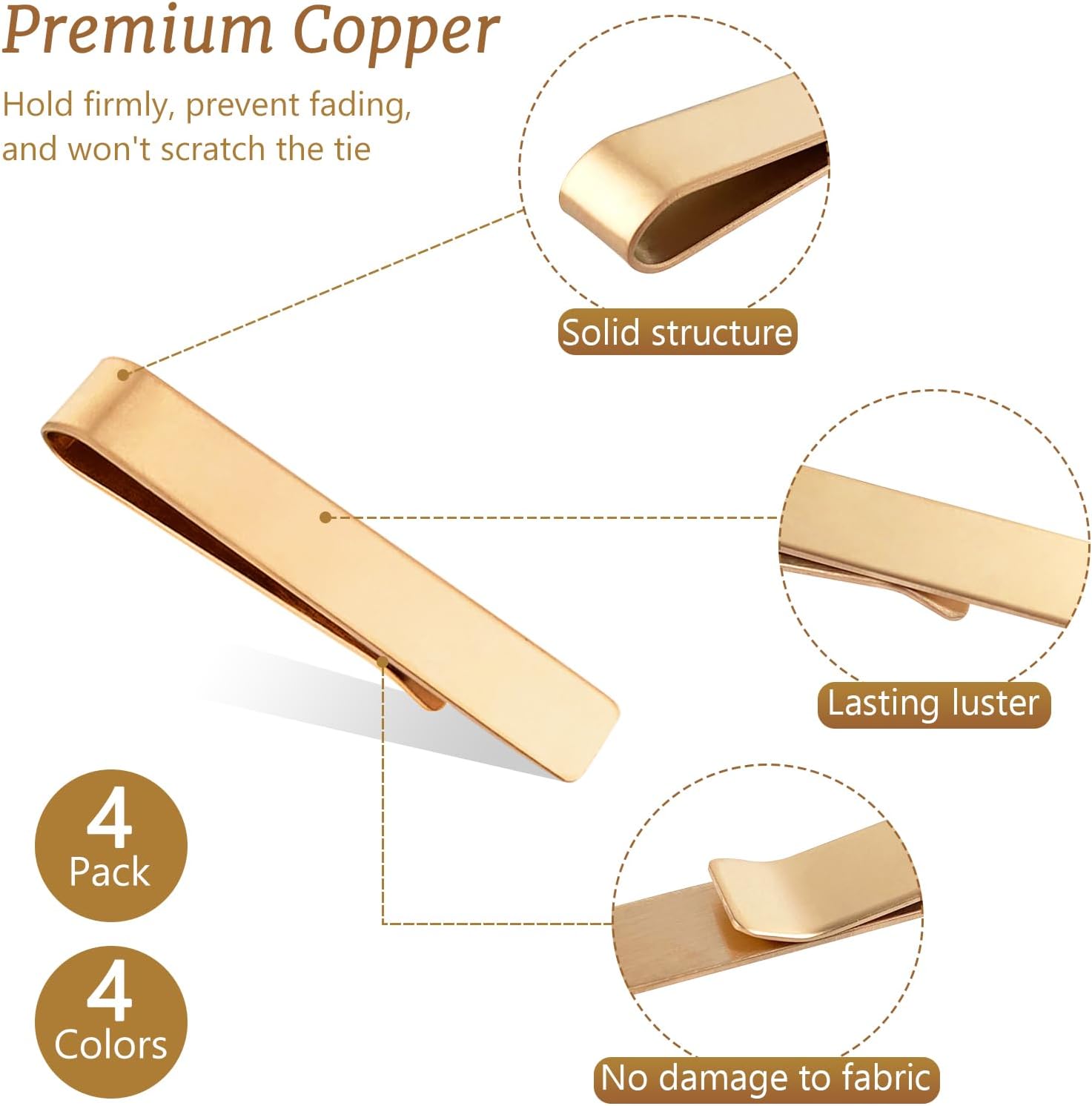 4 Pcs Tie Clips Set for Men with Stable Metal, Polished Surface and Weighty Design, Ideal for Skinny Ties and Various Occasions