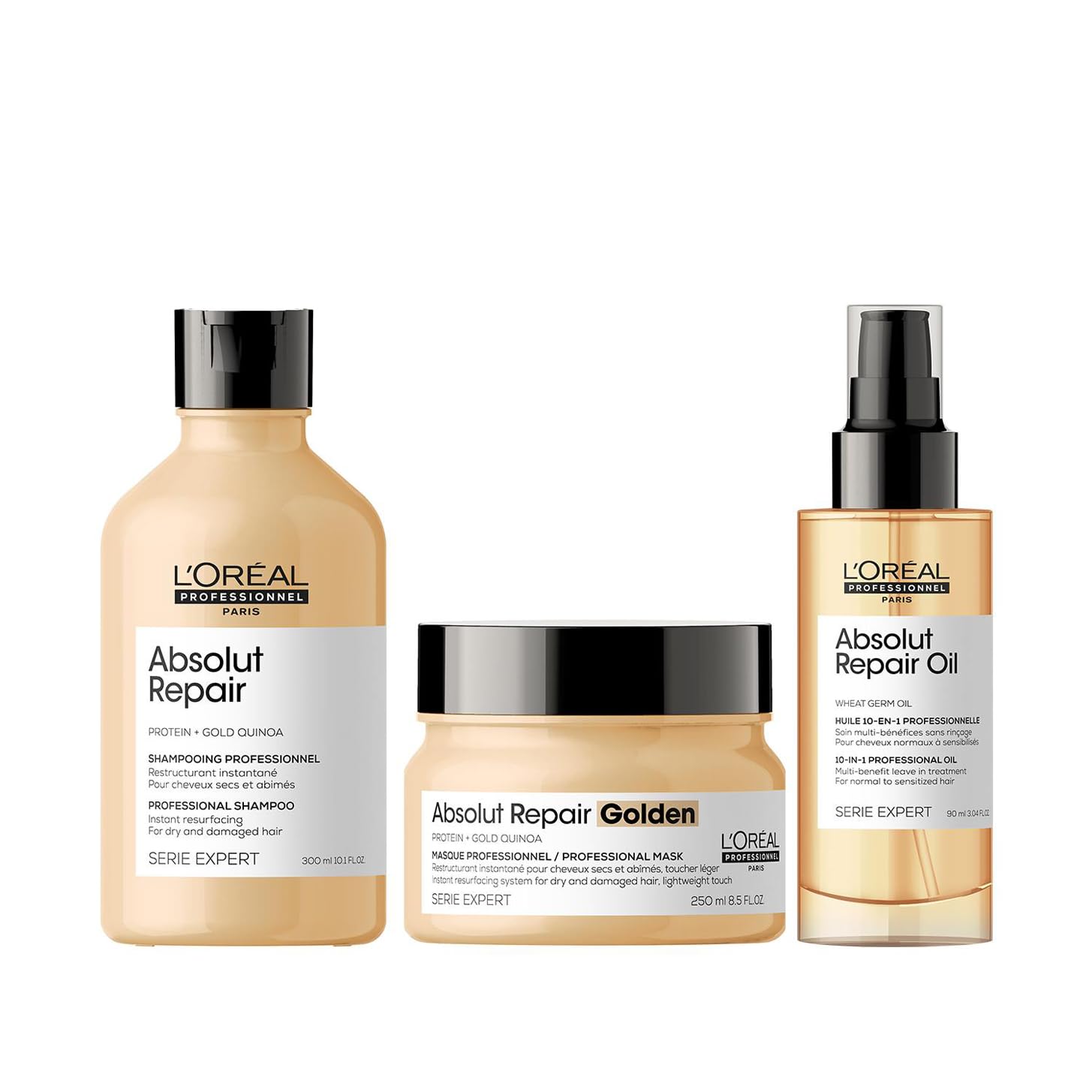 L'Oréal Professionnel Reparierendes Pflegetrio aus Shampoo, Haarmaske und Leave-In Öl, Mit Quinoa für strapaziertes und trockenes Haar, Serie Expert, Absolut Repair