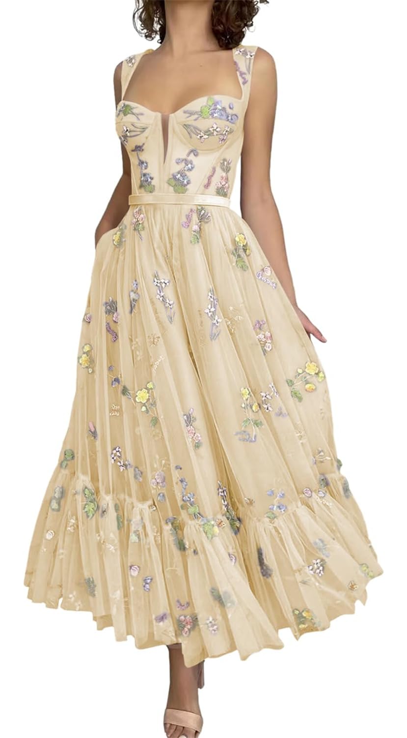 YIANN Flower Embroidery Tulle Prom Dresses Champagne for Women Tea Length Formal Floral Evening Party Dress UK24