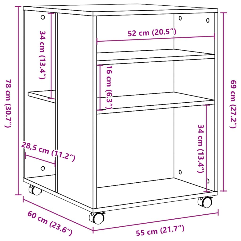 Tavolino con ruote, in legno bianco, 55 x 60 x 78 cm, con 2 ripiani e 4 ruote girevoli, portata fino a 50 kg, versatile, per soggiorno, ufficio e home office