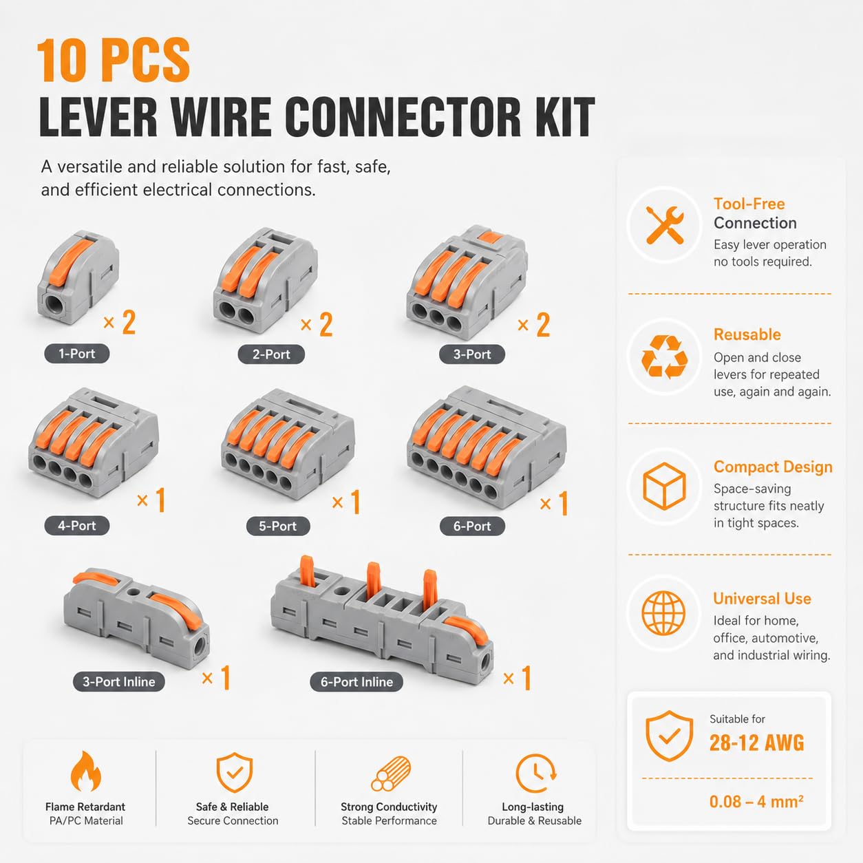 Lever Wire Connector 10 Pack, Quick Splice Inline Electrical Wire Connector Clips for 0.08–4 mm² Solid & Stranded Wires, Tool-Free Reusable Cable Terminals — Amazon image 4