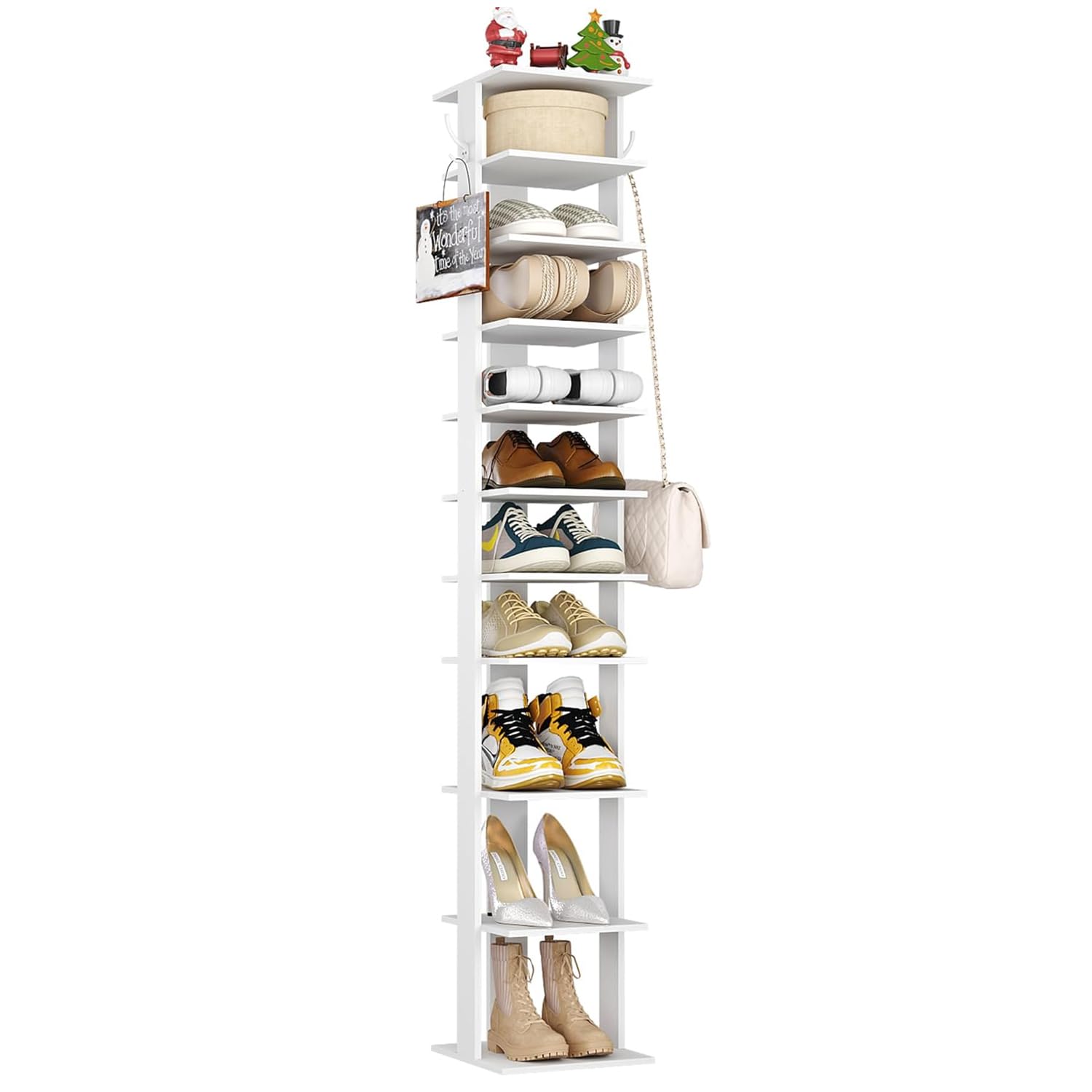 HOME BI Scarpiera Stretta 10 Ripiani In Legno, Armadietto Salvaspazio Per Ingresso, Organizer Verticale Per Scarpe E Stivali, 158x26.5x25.7 Cm, Bianco - 3