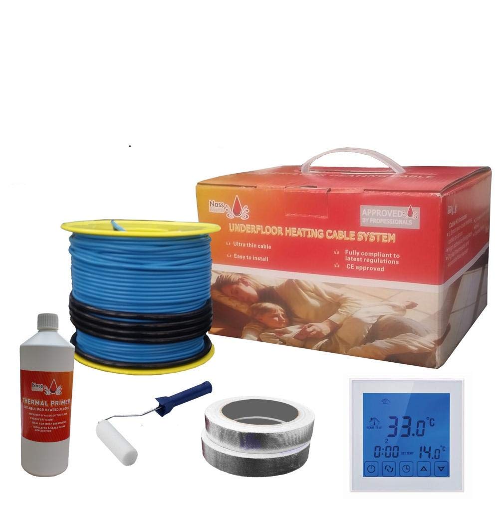 Nassboards Electric Underfloor Heating Cable System 150w โ Touch Screen Thermostat & Cable for Under Tiles & Laminate in Conservatory, Bathroom, Safe Insulation โ includes Installation Kit