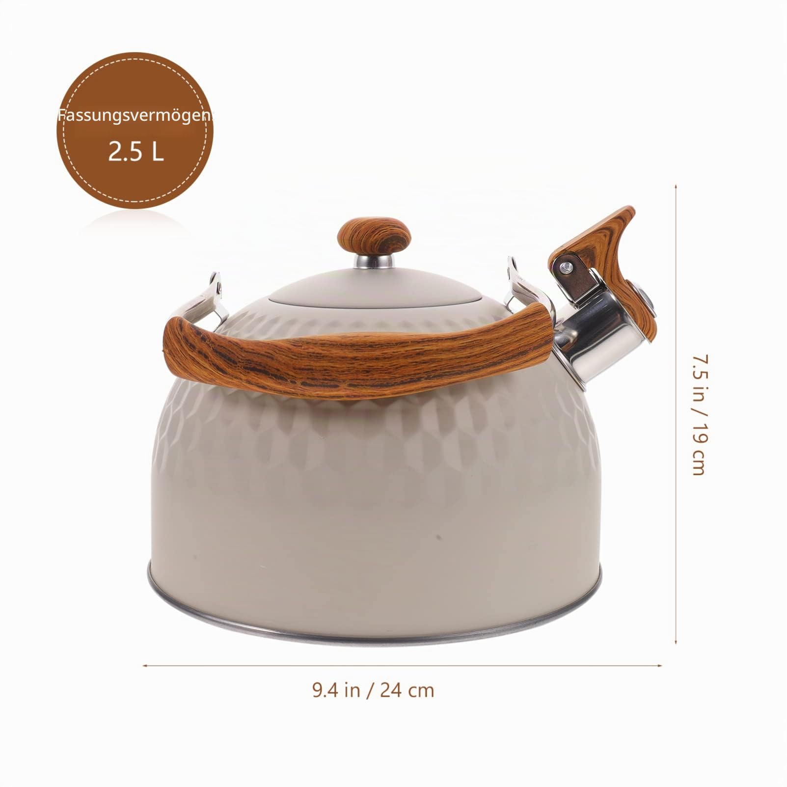 UPKOCH 2.5L Edelstahl Pfeifenkessel Wasserkessel Pfeifkessel Flötenkessel Teekessel Pfeife Wasserkocher mit Holz Pfeifton Griff Induktion Gasherd für Küche Camping Picknick Beige