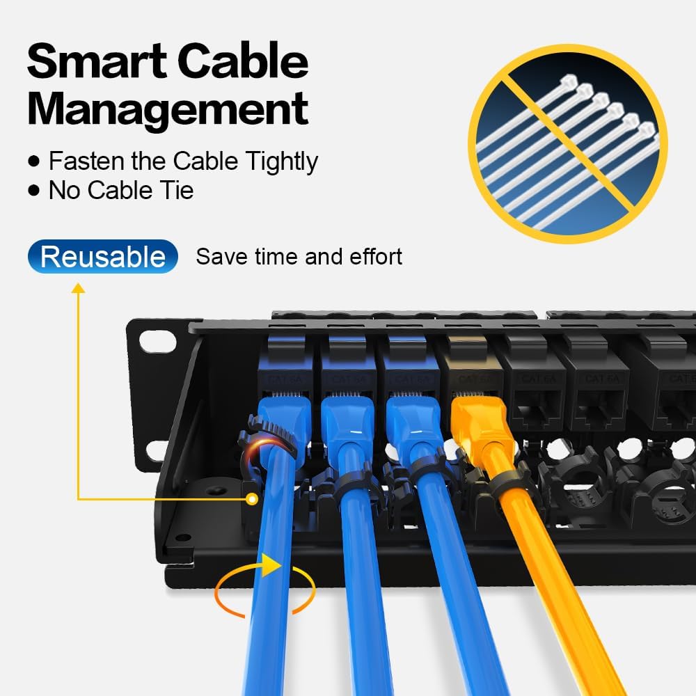 24 Port Patch Panel RJ45 Patch Panel CAT6a Keystone UTP with Smart Cable Management for 19 inch Rack Mount