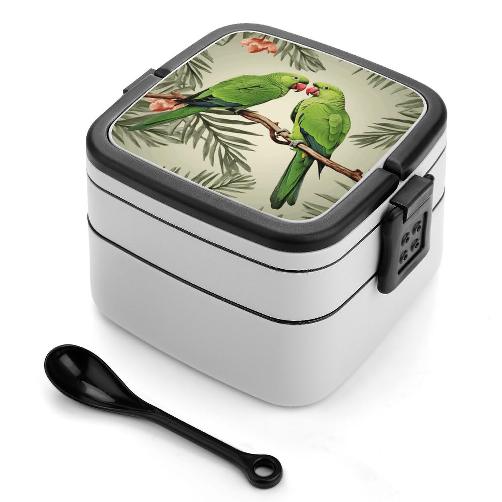 VstaDank Couple Parrots Olive Bento Box Portable Adult Lunch Box with 2 Layer&Spoon Reusable Insulated Lunchbox Large Food Containers Leak Proof Lunch Containers for Work Camping Meal Prep