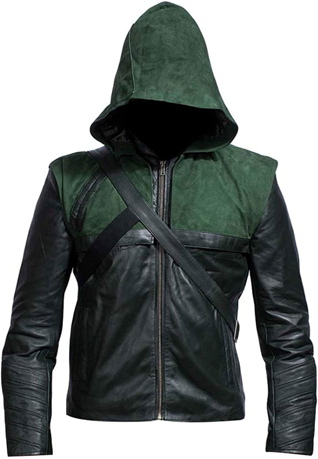 e_GeniusMen Green Arrow Season 5 Stephen Amell Oliver Queen Detachable Hooded Costume Jacket -Men Leather Jackets-Men's Jackets-Hoodie Jacket-Faux Leather Jacket
