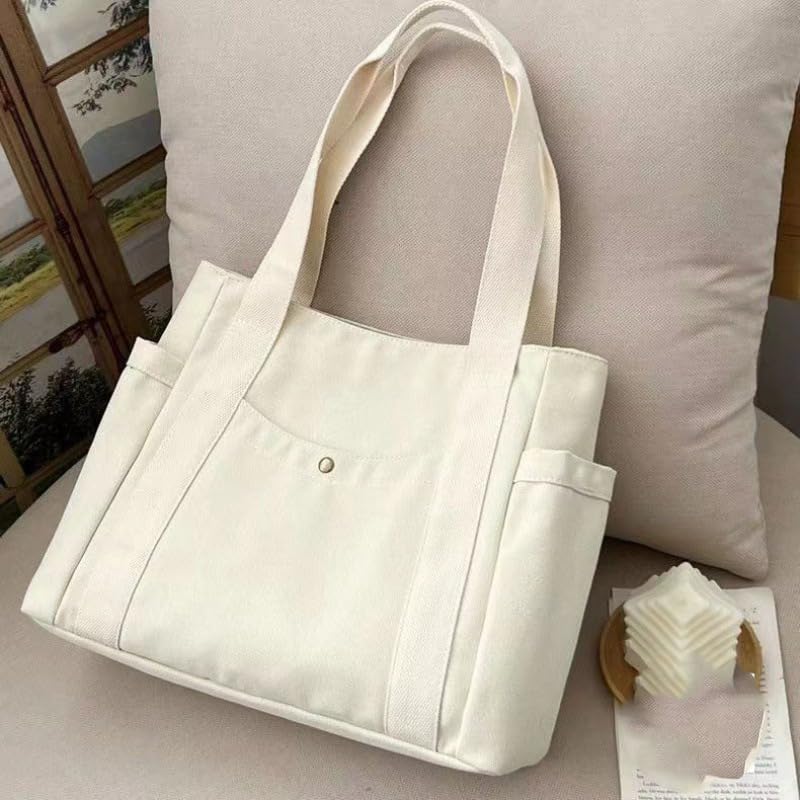 Canvas Shoulder Tote Bag - Spacious Zip Pocket Side Compartments(White)